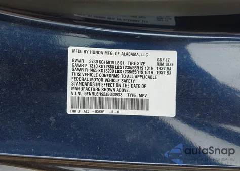 2018 Honda Odyssey Elite из США, поврежденный, VIN 5FNRL6H92JB030933